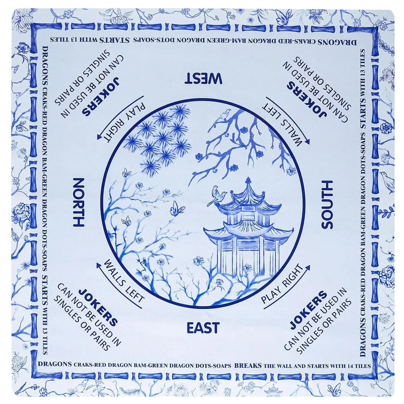 A luxury 31.5-inch square American Mahjong mat featuring a blue and white chinoiserie pagoda design, faux bamboo lines, wind indicators, and built-in rules for tile setup and Jokers.