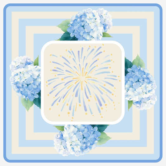 Full layout view of a 31.5-inch square American Mahjong mat featuring blue watercolor hydrangeas and a soft cream burst center design.
