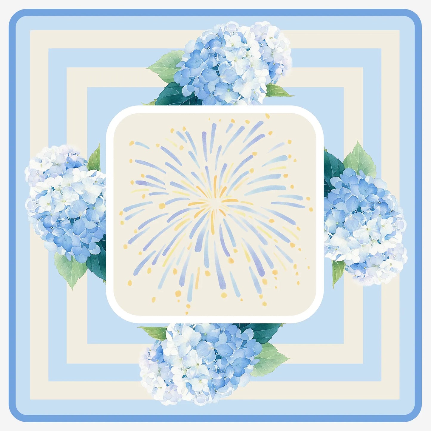 Full layout view of a 31.5-inch square American Mahjong mat featuring blue watercolor hydrangeas and a soft cream burst center design.