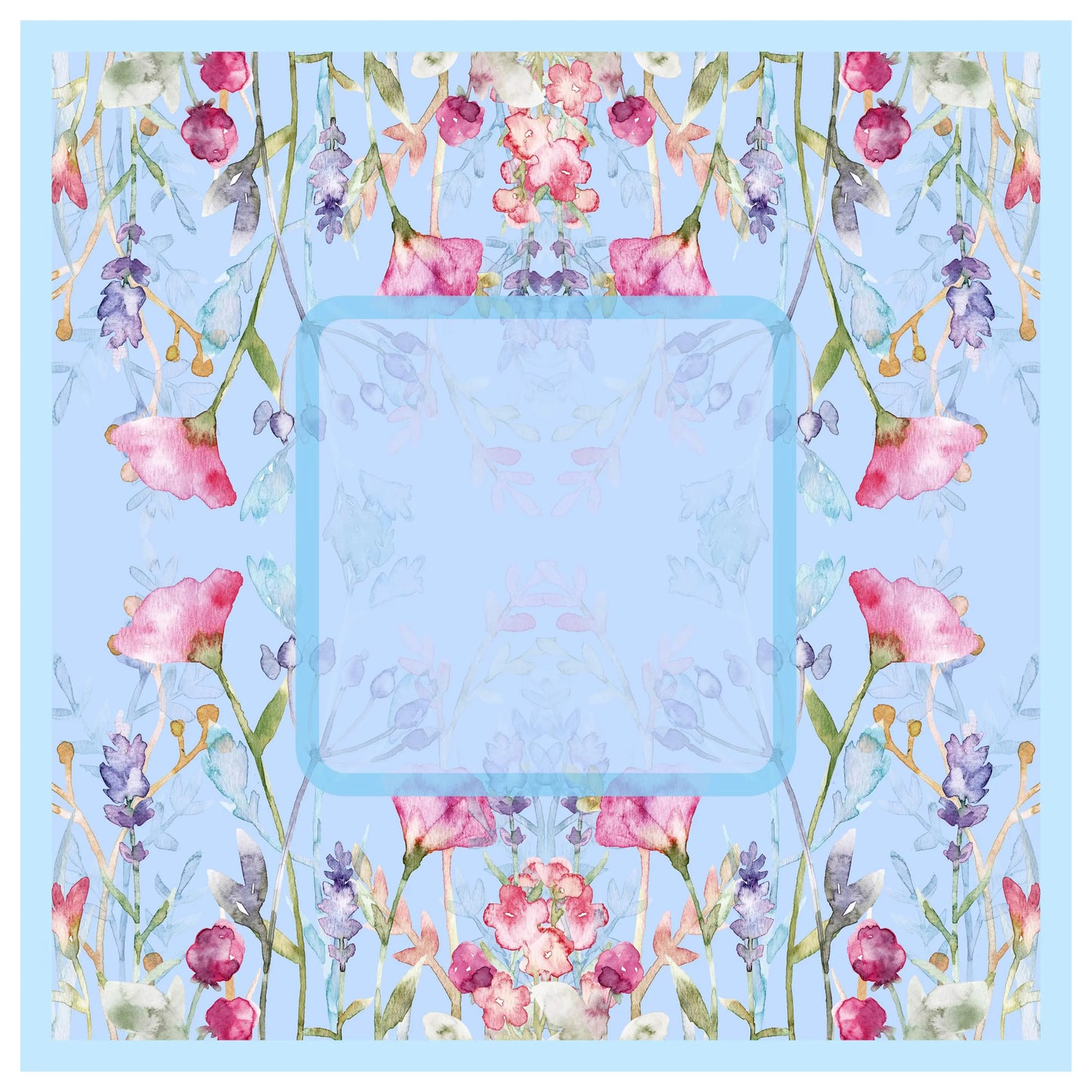 Light blue Mahjong mat featuring a watercolor wildflower pattern with poppies and lavender, including a central play area frame on a non-slip natural rubber base.