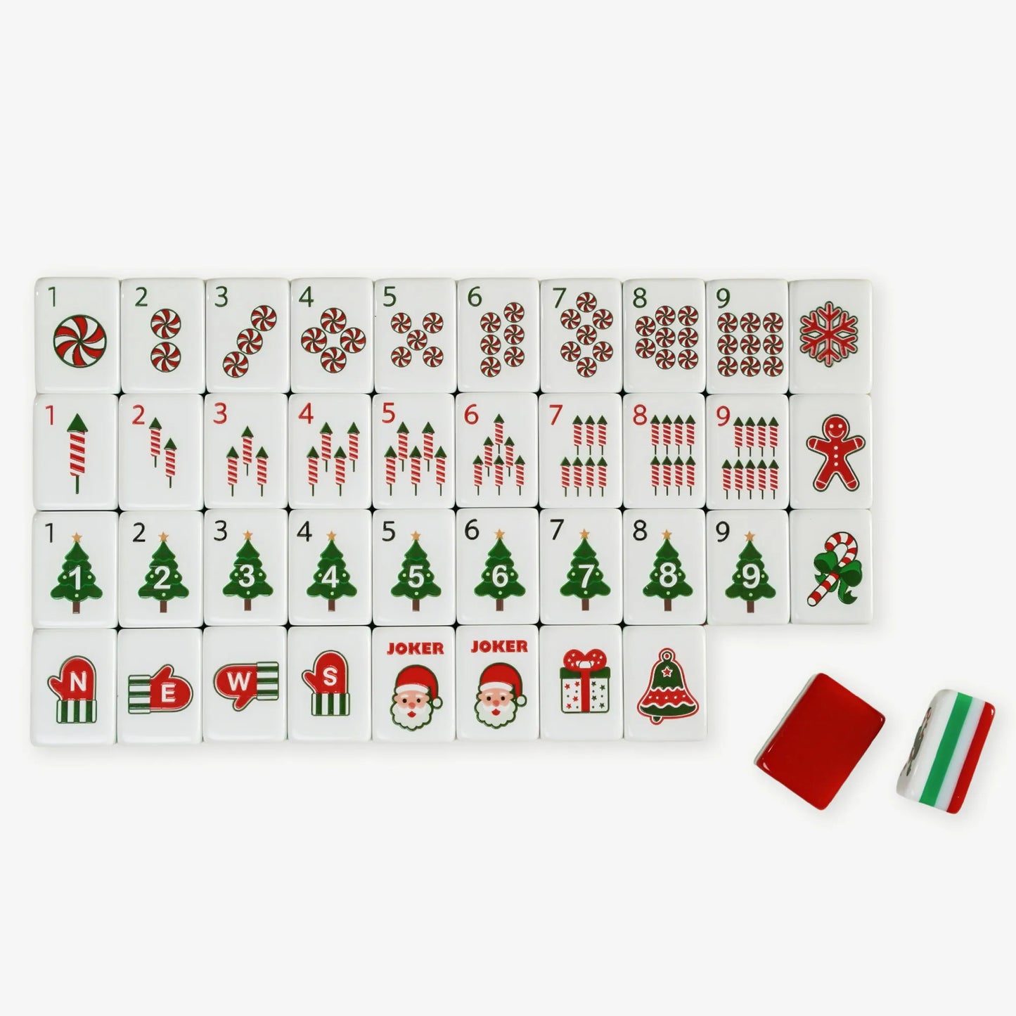Set of Christmas-themed dominoes with various symbols on a white background
