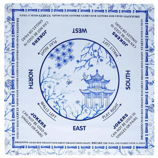 A luxury 31.5-inch square American Mahjong mat featuring a blue and white chinoiserie pagoda design, faux bamboo lines, wind indicators, and built-in rules for tile setup and Jokers.