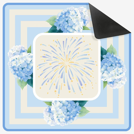 A square 31.5-inch American Mahjong mat featuring a beautiful blue and white block-print style floral vine pattern.