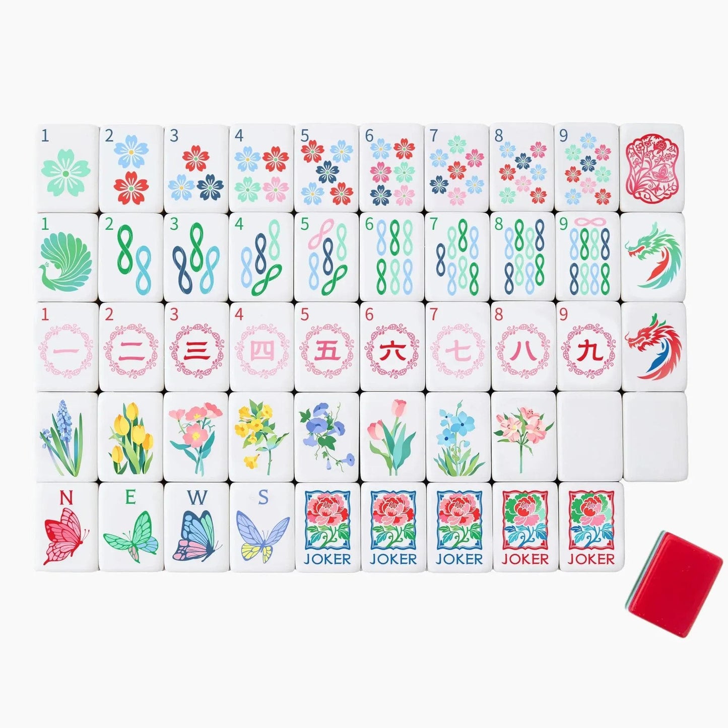 Full tile face layout of the Garden Party Botanical themed American Mahjong set displaying cherry blossom dots, butterfly winds, peony jokers, and the red triple-layer back