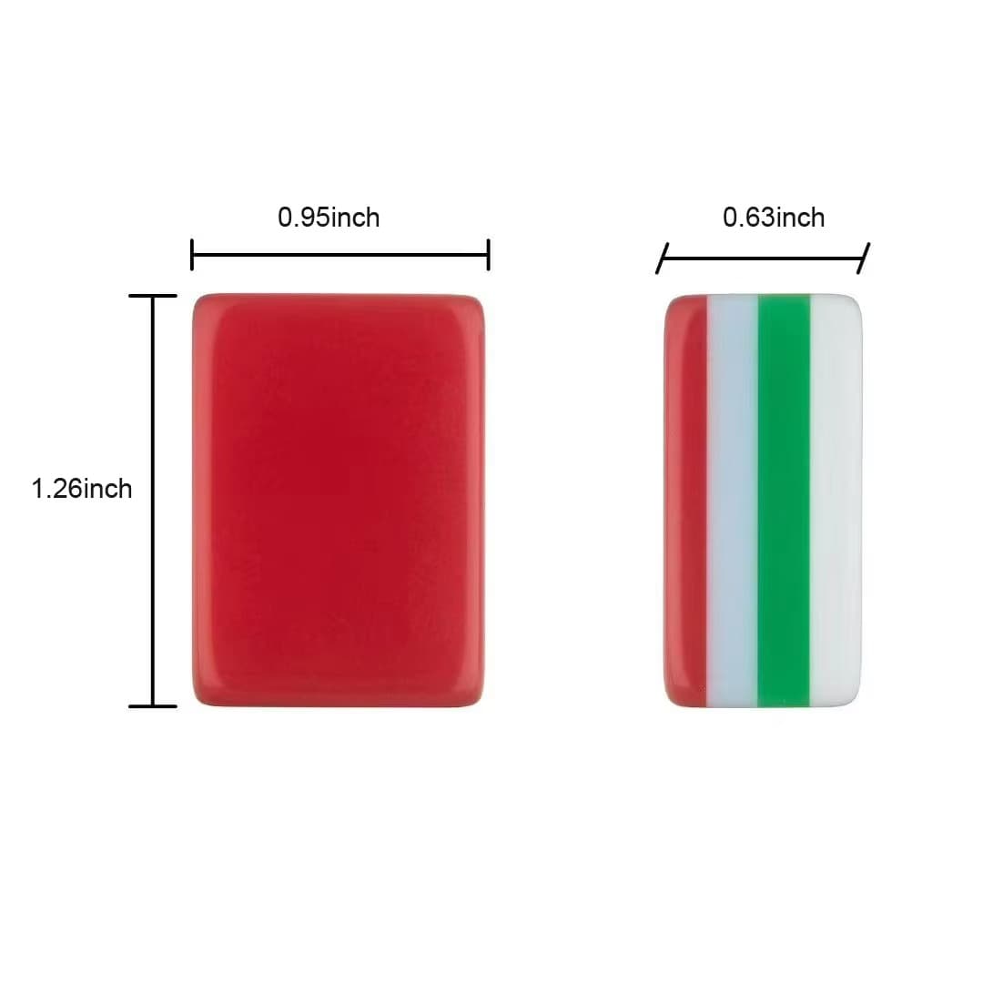 Size and thickness chart for the holiday American Mahjong set showing dimensions of 1.26 inches by 0.95 inches, and a 0.63-inch thick triple-layer middle stripe.