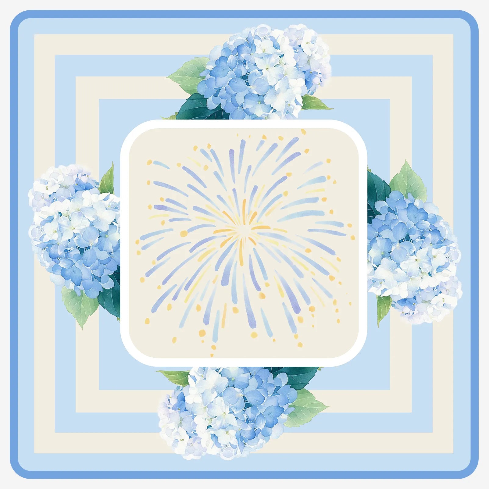 Full layout view of a 31.5-inch square American Mahjong mat featuring blue watercolor hydrangeas and a soft cream burst center design.