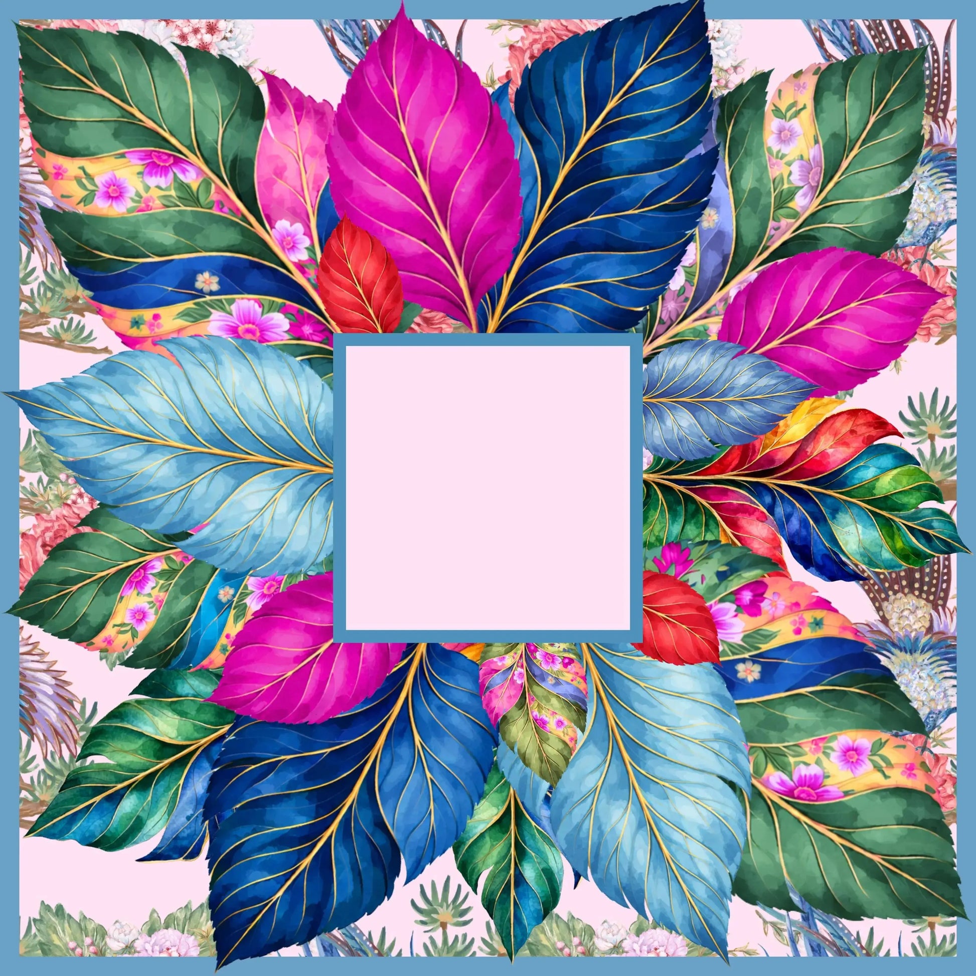 A bold 31.5-inch square American Mahjong mat featuring a maximalist tropical design of vibrant navy and magenta leaves with gilded veins and a pink square center.