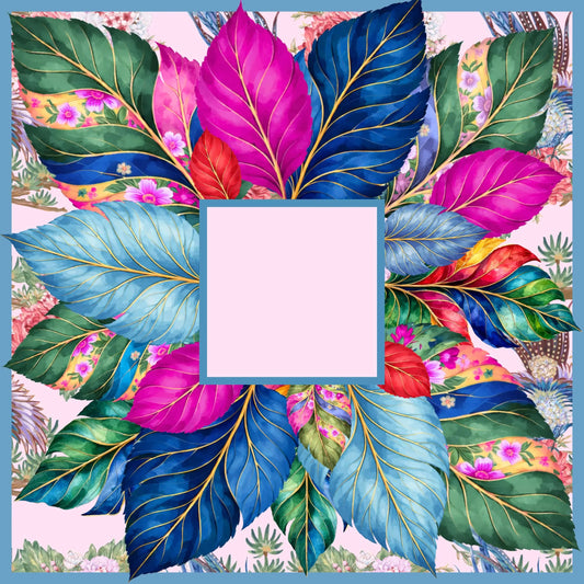 A bold 31.5-inch square American Mahjong mat featuring a maximalist tropical design of vibrant navy and magenta leaves with gilded veins and a pink square center.