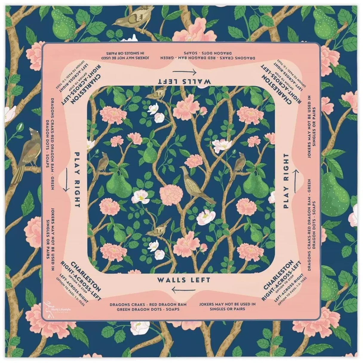 A 31.5-inch square American Mahjong mat in navy blue, featuring a vintage floral bird and green pear pattern with a soft pink Charleston guide border.