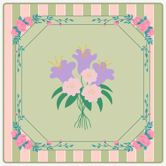 Full flat layout view of a 31.5-inch square American Mahjong mat with a pastel lily bouquet framed by a sage green octagonal border and preppy pink stripes.