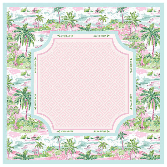 Tropical themed mahjong mat featuring mint green palm tree borders, a pink lattice center, and printed directional guides for American Mahjong.