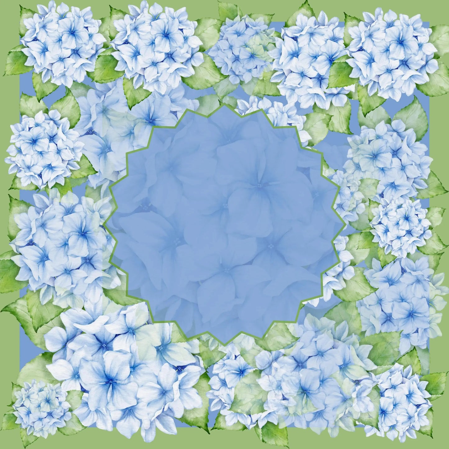 A 31.5-inch square American Mahjong mat adorned with lush watercolor blue hydrangeas and a serene periwinkle starburst center.