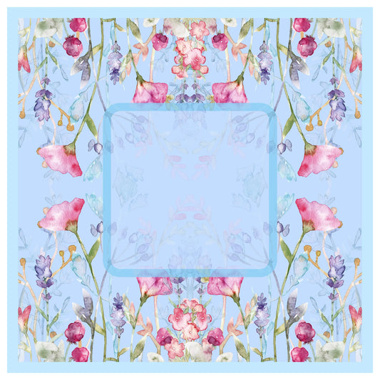 Light blue Mahjong mat featuring a watercolor wildflower pattern with poppies and lavender, including a central play area frame on a non-slip natural rubber base.