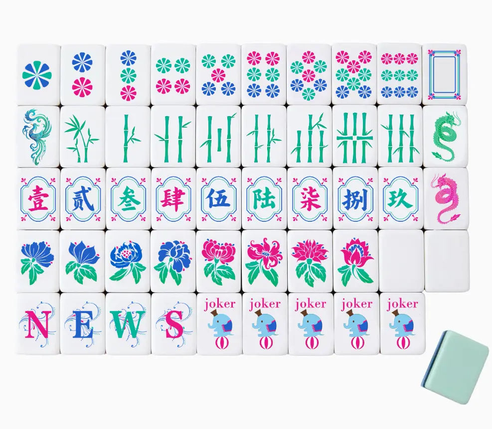 Full tile face layout of the Whimsical Circus Celebration themed American Mahjong set from image_0d064a.png, displaying elephant jokers, flourished winds, and a mint green triple-layer backing.